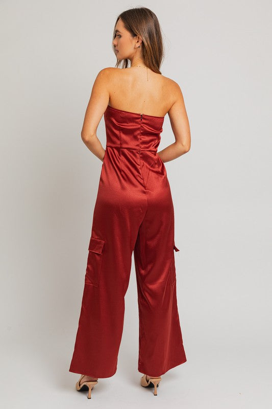 Walk This Way Strapless Satin Pocketed Jumpsuit