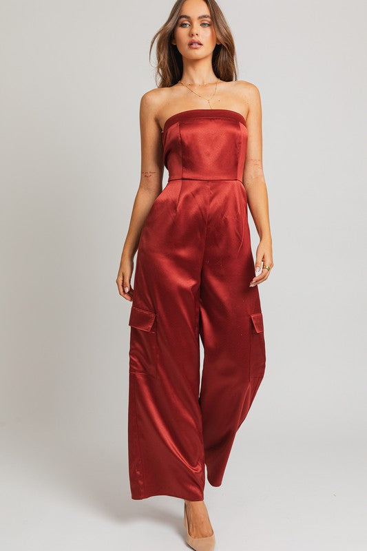 Walk This Way Strapless Satin Pocketed Jumpsuit