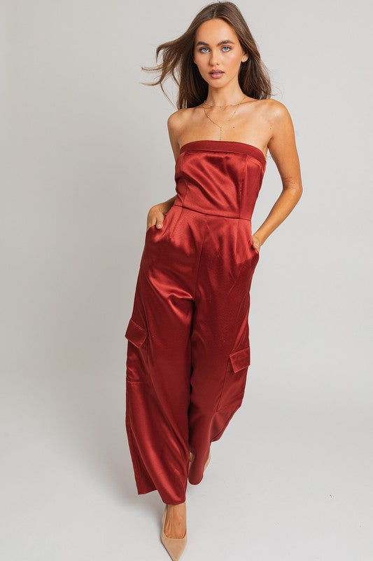 Walk This Way Strapless Satin Pocketed Jumpsuit