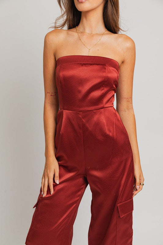 Walk This Way Strapless Satin Pocketed Jumpsuit