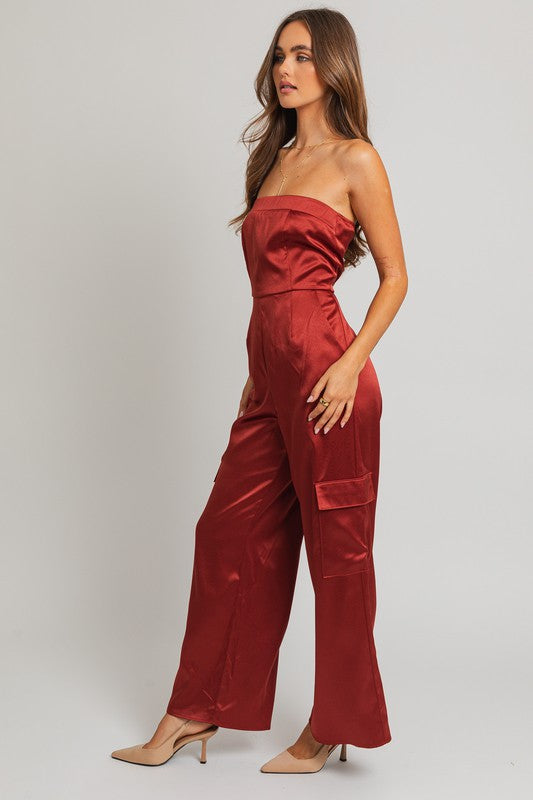 Walk This Way Strapless Satin Pocketed Jumpsuit