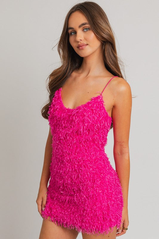 She Is The Party Hot Pink Feather Mini Dress