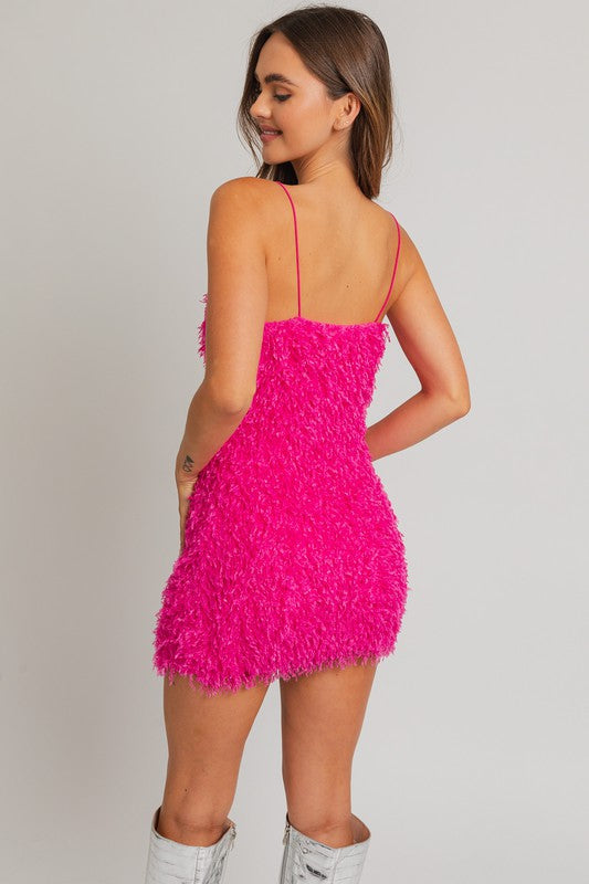 She Is The Party Hot Pink Feather Mini Dress