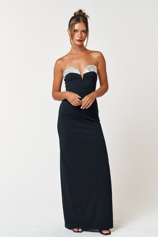 Black Tie Glitz Sequin Tube Maxi Dress