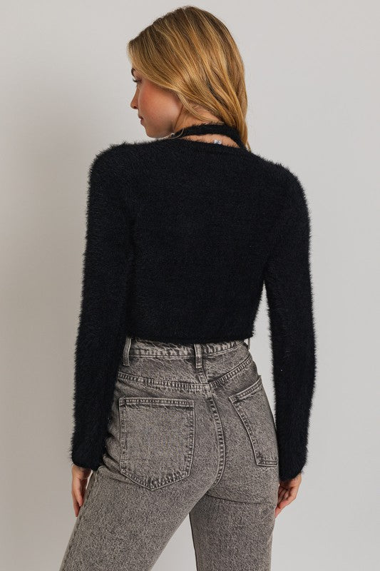 Peek-a-BOO Cropped Fuzzy Sweater