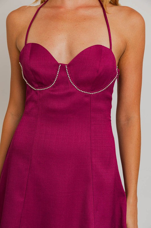 Berry Sparkly Rhinestone Trim Halter Mini Dress