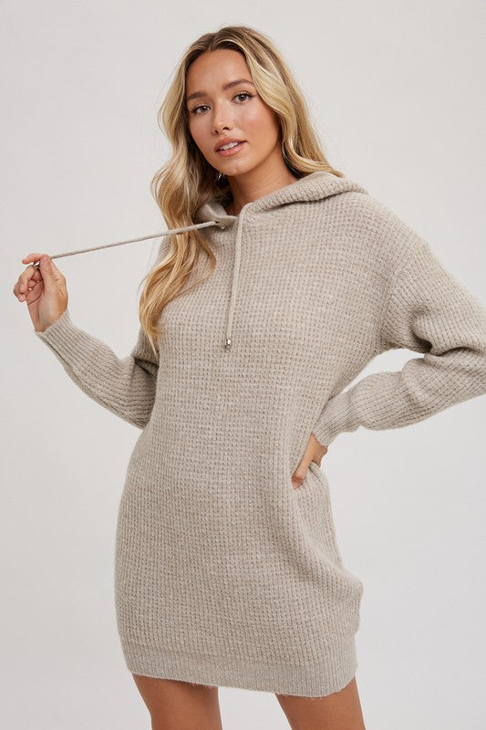 Casual Afternoon Waffle Knit Hooded Tunic Sweater Dress