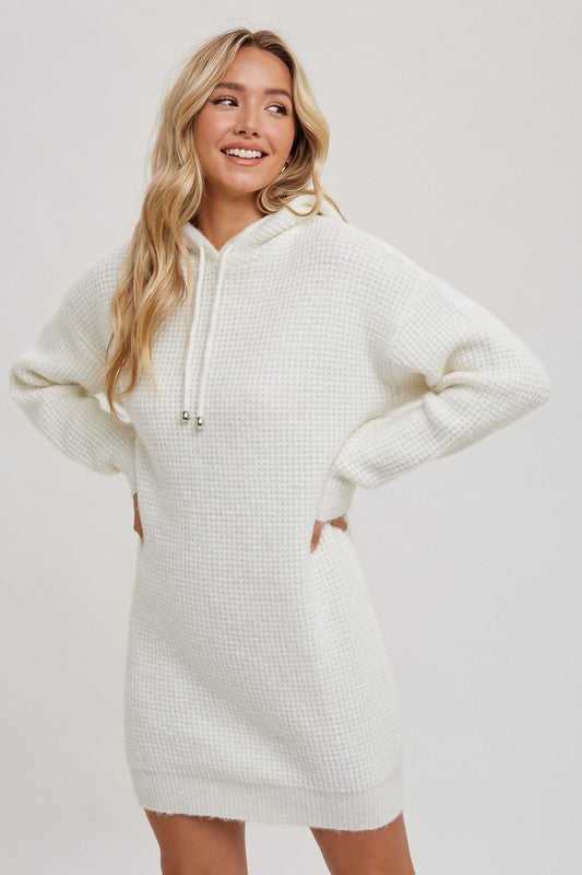 Casual Afternoon Waffle Knit Hooded Tunic Sweater Dress