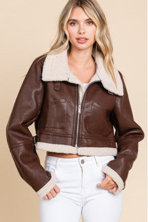 Vegan Leather Sherpa Collared Jacket - Final Sale