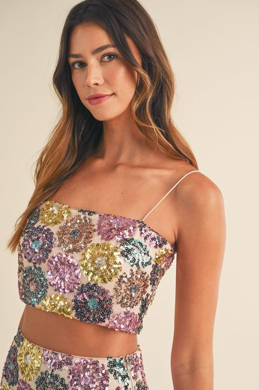 Get This Party Started Floral Sequin Crop Top - Final Sale