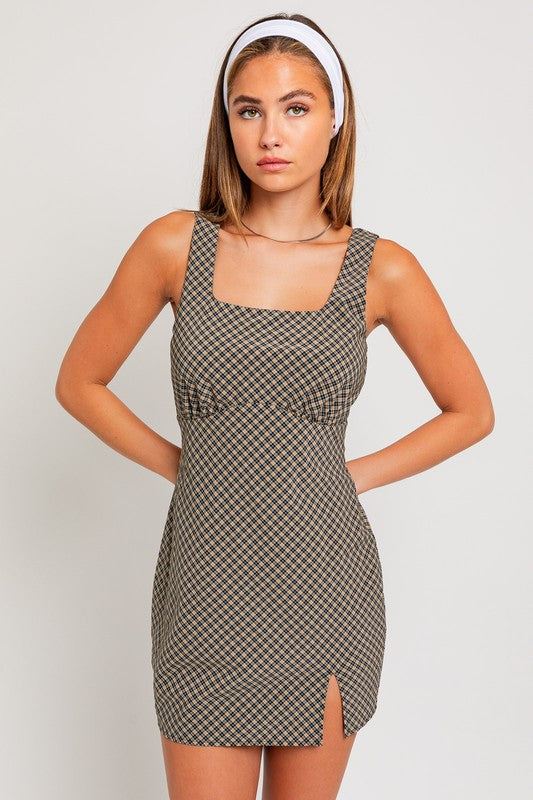 Work It Checkered Sleeveless Square Neck Mini Dress - Final Sale