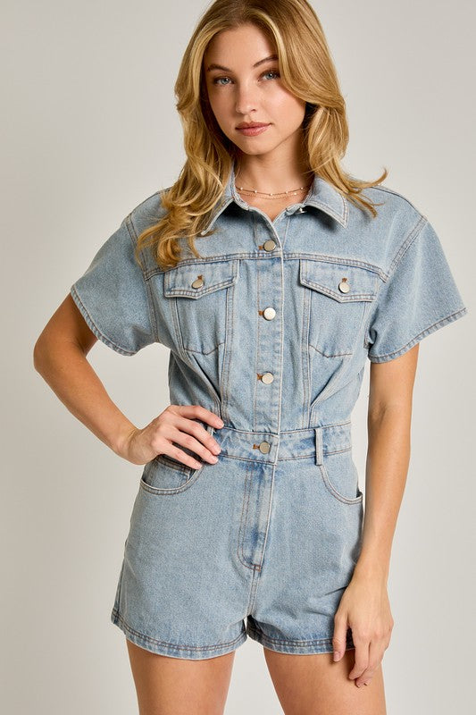 One & Only Denim Short Pocketed Romper - Final Sale