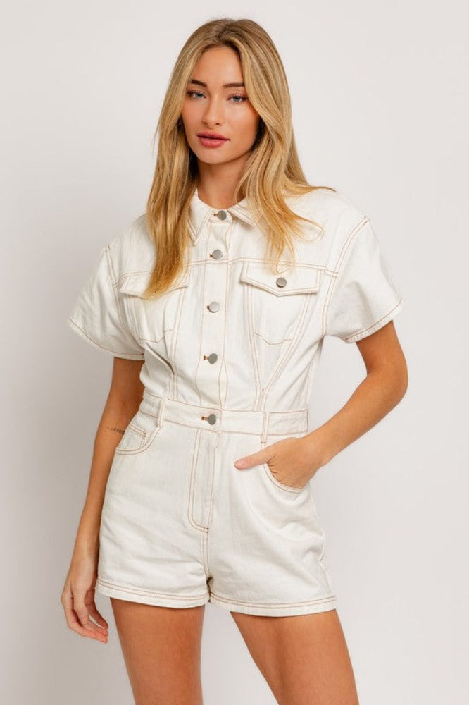 One & Only Denim Short Pocketed Romper - Final Sale