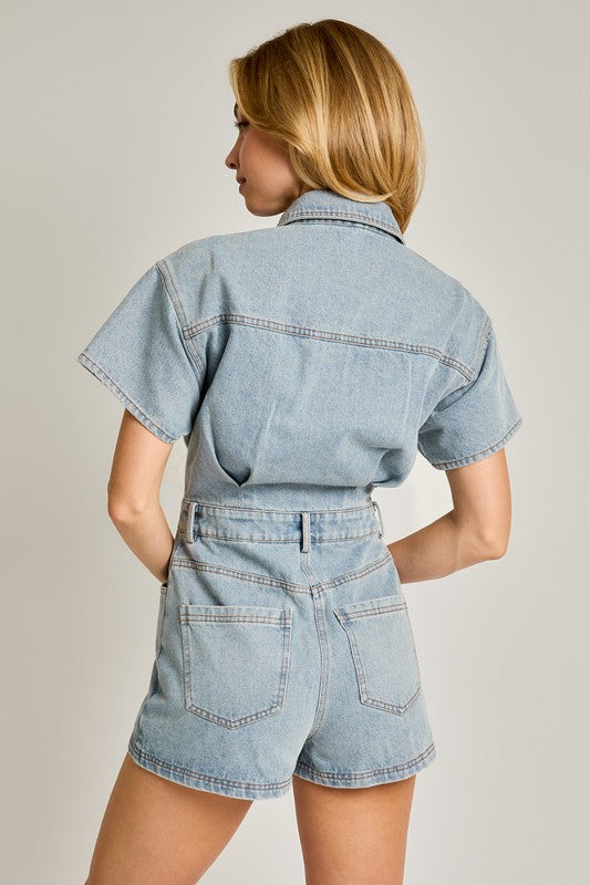 One & Only Denim Short Pocketed Romper