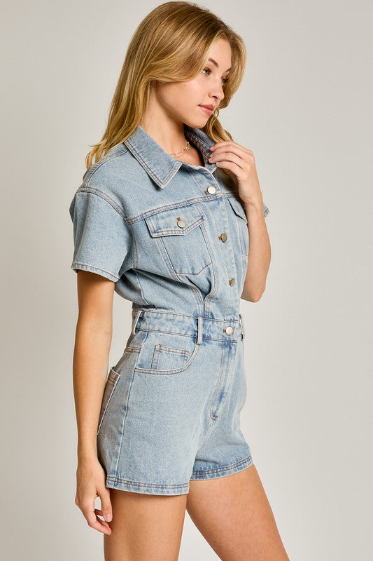 One & Only Denim Short Pocketed Romper - Final Sale