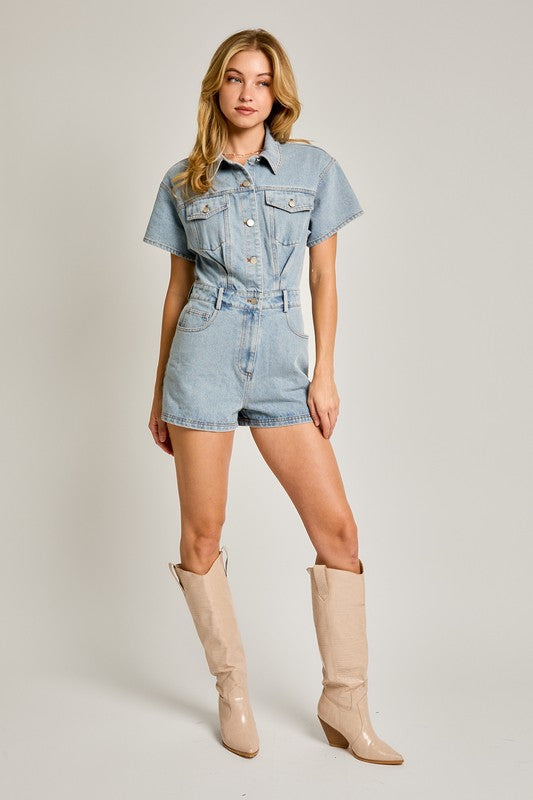 One & Only Denim Short Pocketed Romper - Final Sale