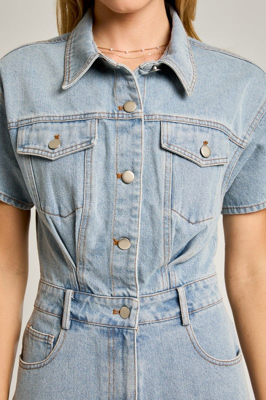 One & Only Denim Short Pocketed Romper - Final Sale