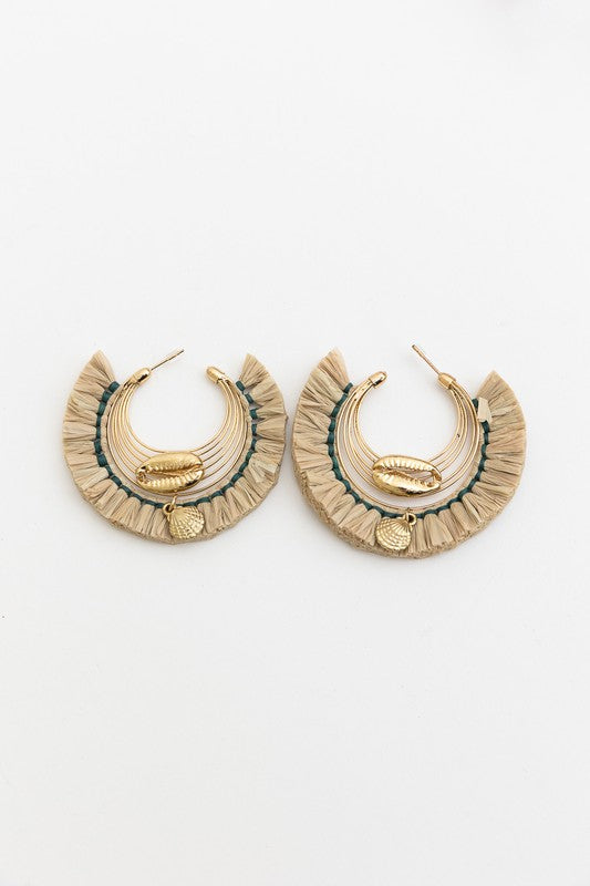 Seashell Glow Golden Raffia Hoop Earrings