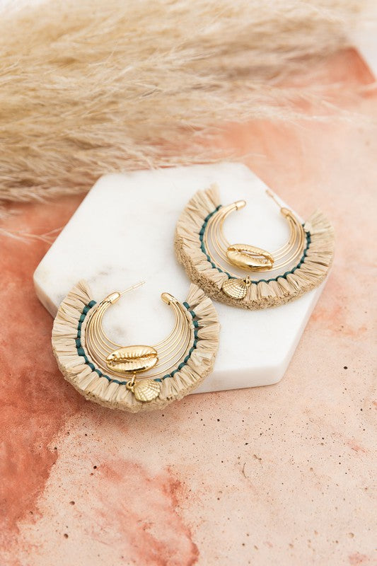 Seashell Glow Golden Raffia Hoop Earrings