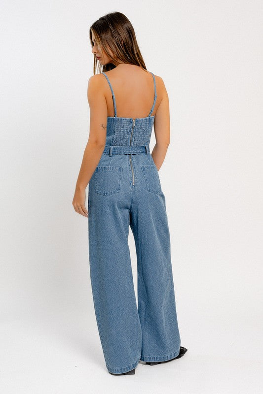 Around Town Sleeveless Wide Leg Denim Jumpsuit