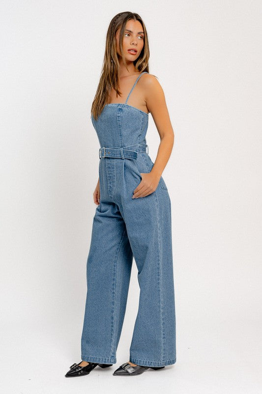 Around Town Sleeveless Wide Leg Denim Jumpsuit