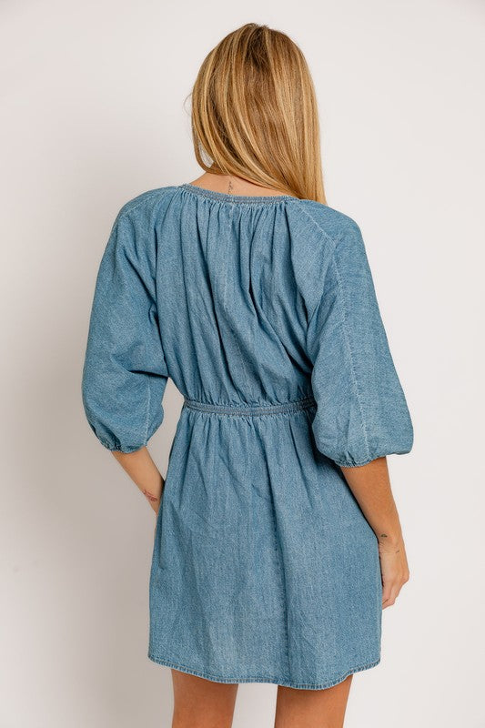 Adorable In Denim Balloon Sleeve Mini Dress - Final Sale