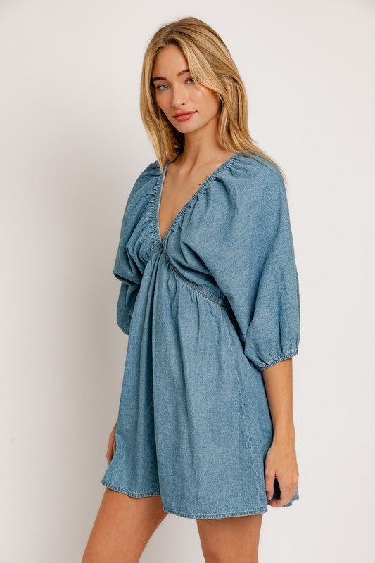 Adorable In Denim Balloon Sleeve Mini Dress - Final Sale