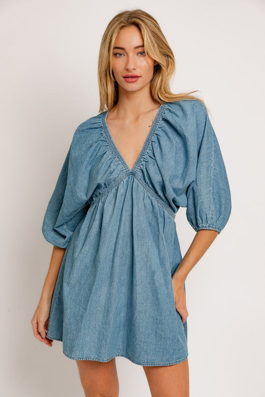 Adorable In Denim Balloon Sleeve Mini Dress - Final Sale