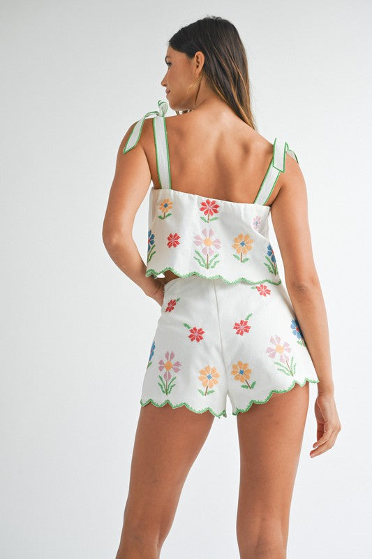 Linen Floral Scallop Breeze Shorts & Crop Top Set