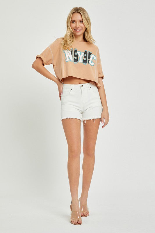 Kira High Rise Frayed Hem Denim Shorts