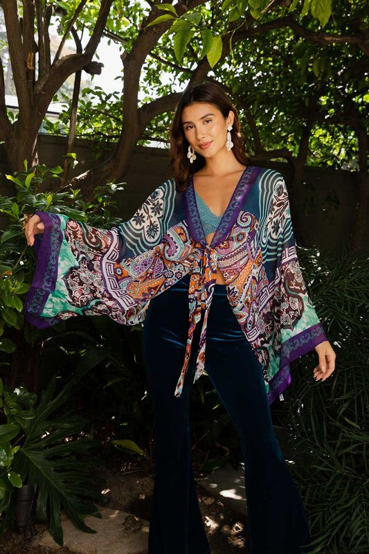 Printed Shine Tie-Front Kimono Wrap Top