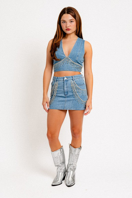 Bling Is Best Rhinestone Denim Mini Skirt