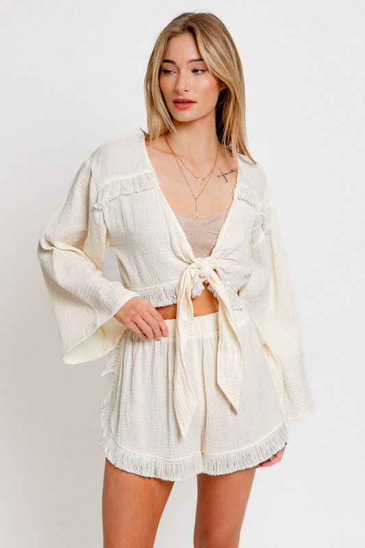 Coconut Long Sleeve Fringe Front Tie Top