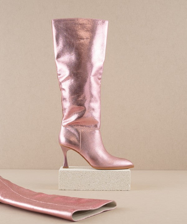 Balen Metallic Pink Croc Print Stiletto Knee High Boots