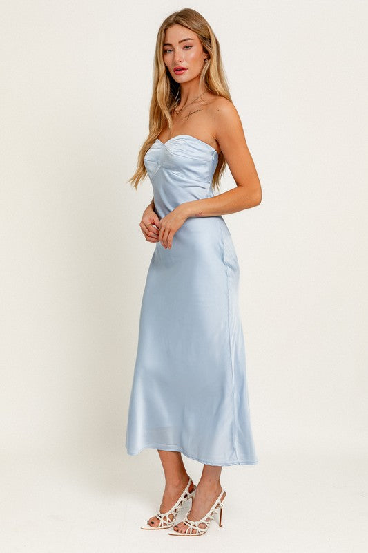 Satin Sky Strapless Midi Dress