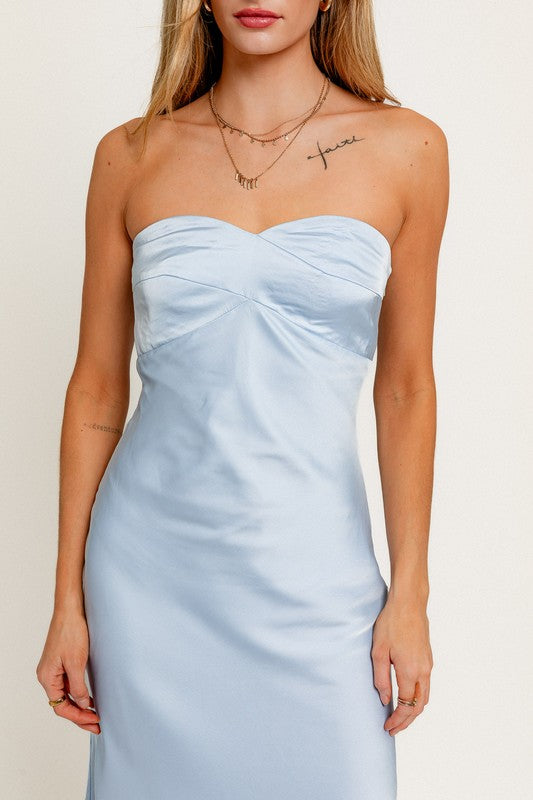 Satin Sky Strapless Midi Dress