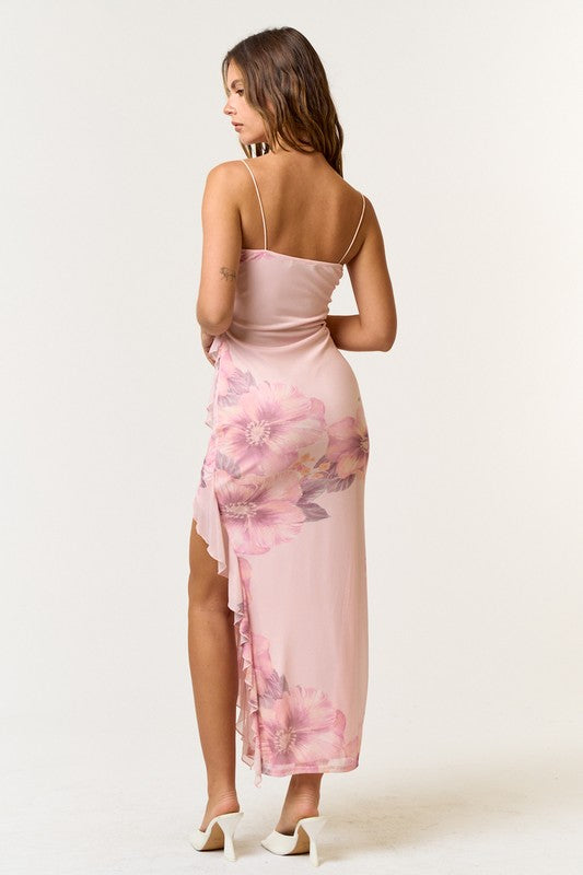 Palmilla Floral Mesh Ruffle Maxi Dress