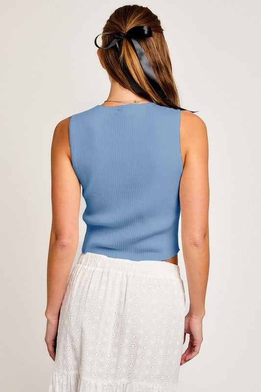 Satin Bow Sleeveless Tank Top - Light Blue