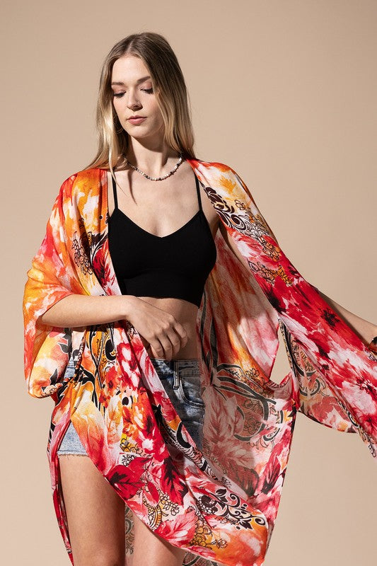 Cosmos Floral Print Open Front Kimono