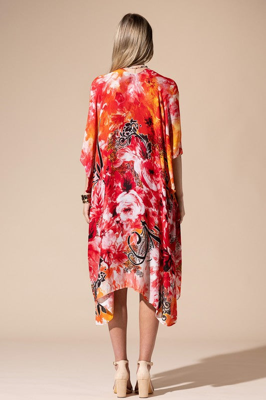 Cosmos Floral Print Open Front Kimono