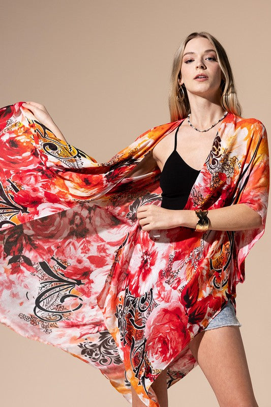 Cosmos Floral Print Open Front Kimono