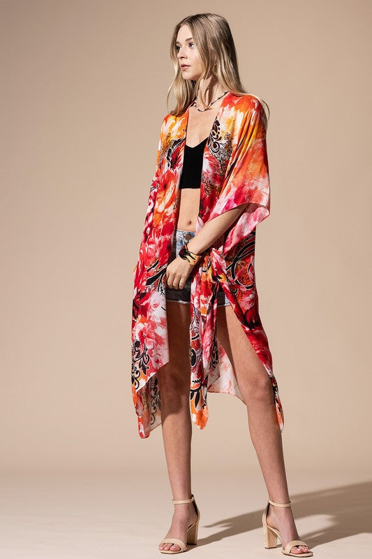 Cosmos Floral Print Open Front Kimono