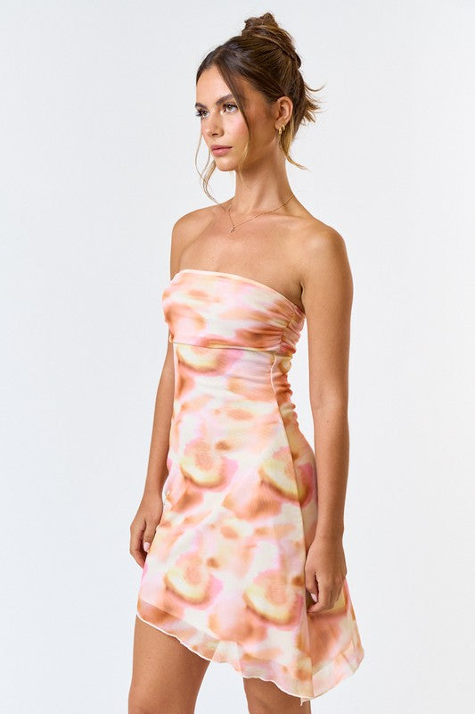 Just Peachy Tie Dye Mesh Strapless Mini Dress