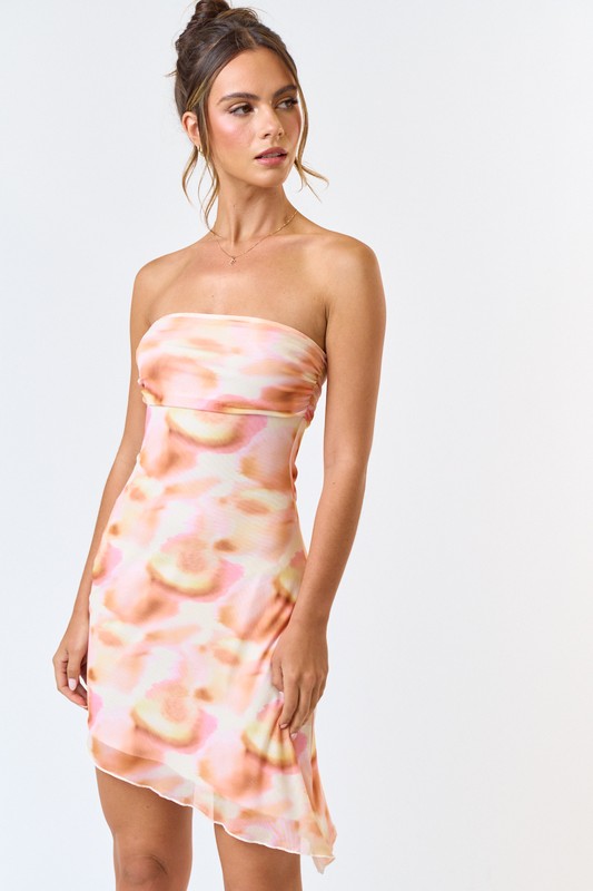 Just Peachy Tie Dye Mesh Strapless Mini Dress