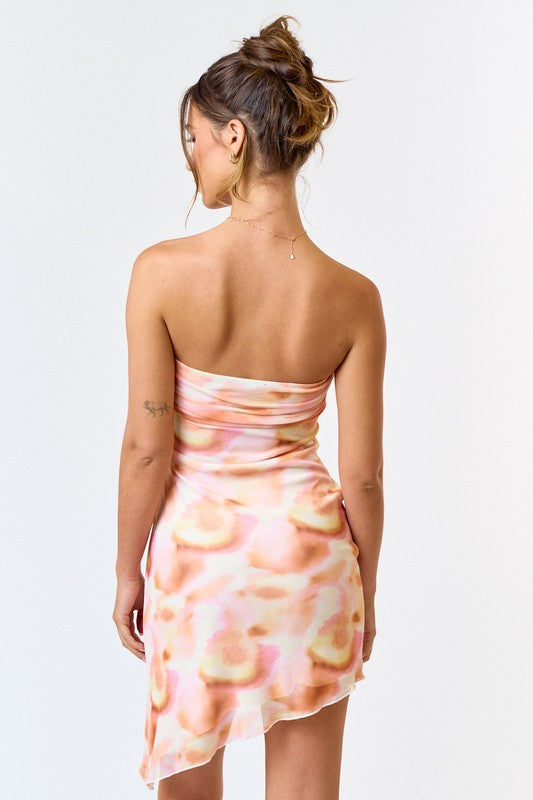 Just Peachy Tie Dye Mesh Strapless Mini Dress