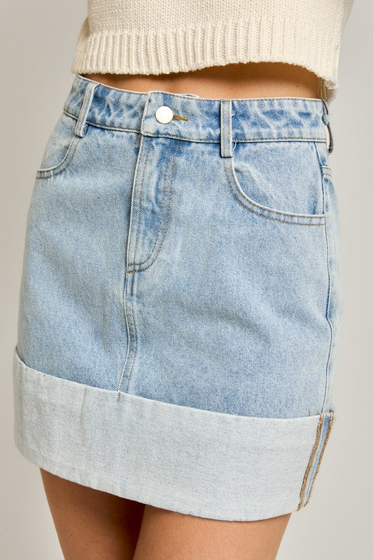 High Waisted Cuffed Denim Mini Skirt