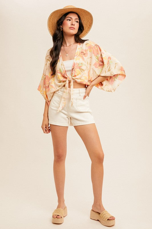 Sunkissed Orange Tropical Floral Print Front Tie Top