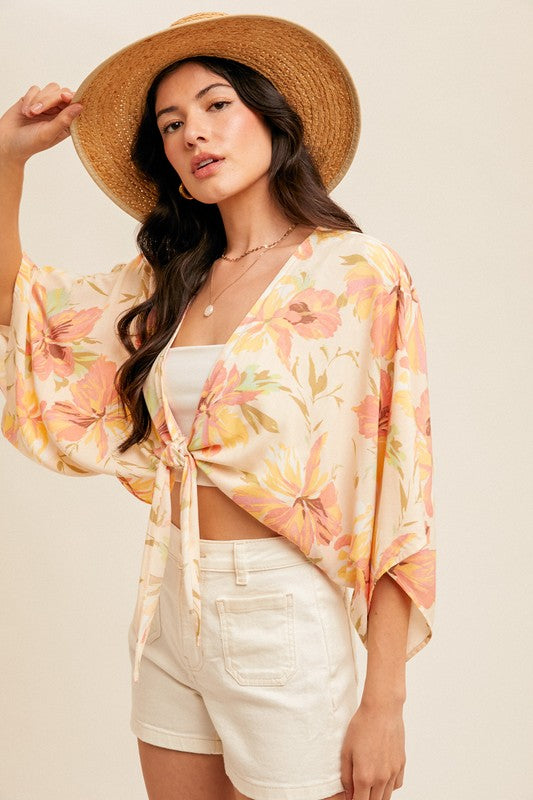 Sunkissed Orange Tropical Floral Print Front Tie Top