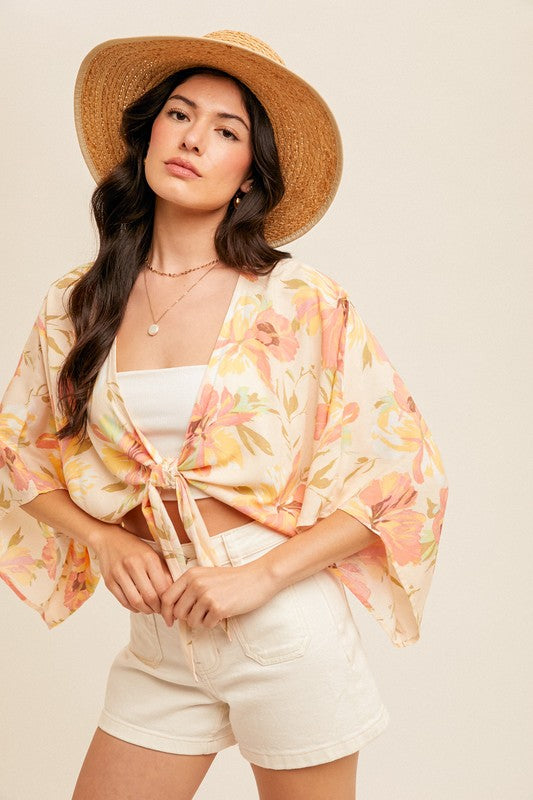 Sunkissed Orange Tropical Floral Print Front Tie Top