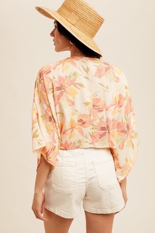 Sunkissed Orange Tropical Floral Print Front Tie Top